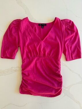 INC International Concepts Fuchsia V-Neck Ruched Puff-Sleeve Top